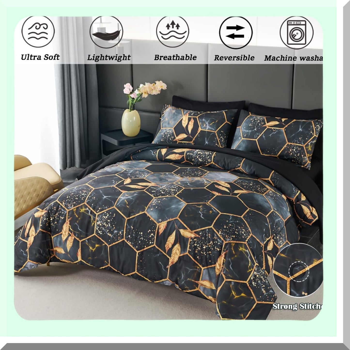 Gold Hexagon Comforter Set - 7 Piece Queen Size Geometric Bedding with Black Sheets & Trim - Honeycomb Print Design for Elegant Bedroom Decor
