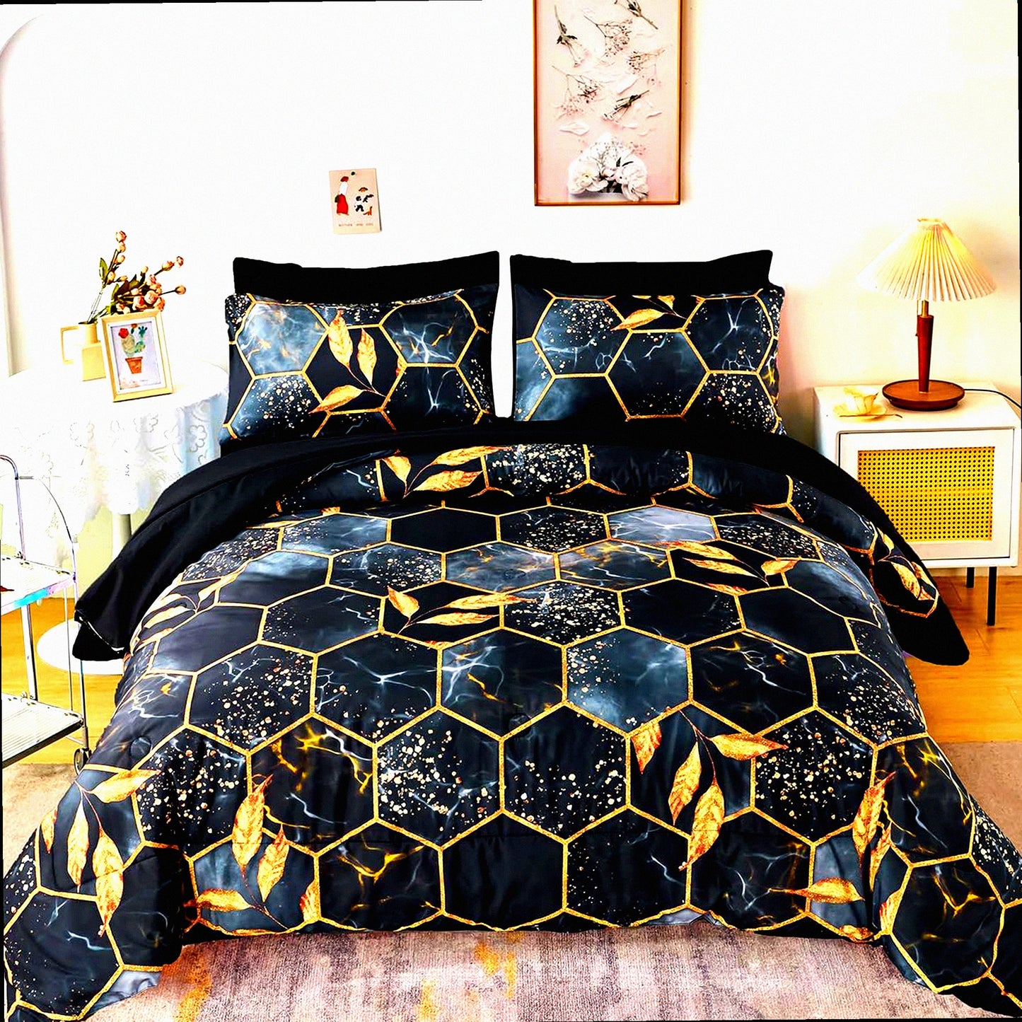 Gold Hexagon Comforter Set - 7 Piece Queen Size Geometric Bedding with Black Sheets & Trim - Honeycomb Print Design for Elegant Bedroom Decor