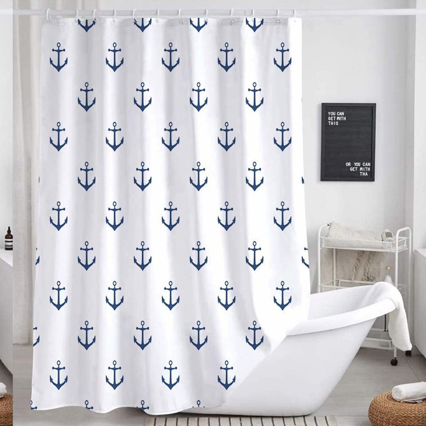 Nautical Anchor Navy Blue White Shower Curtain 72x75