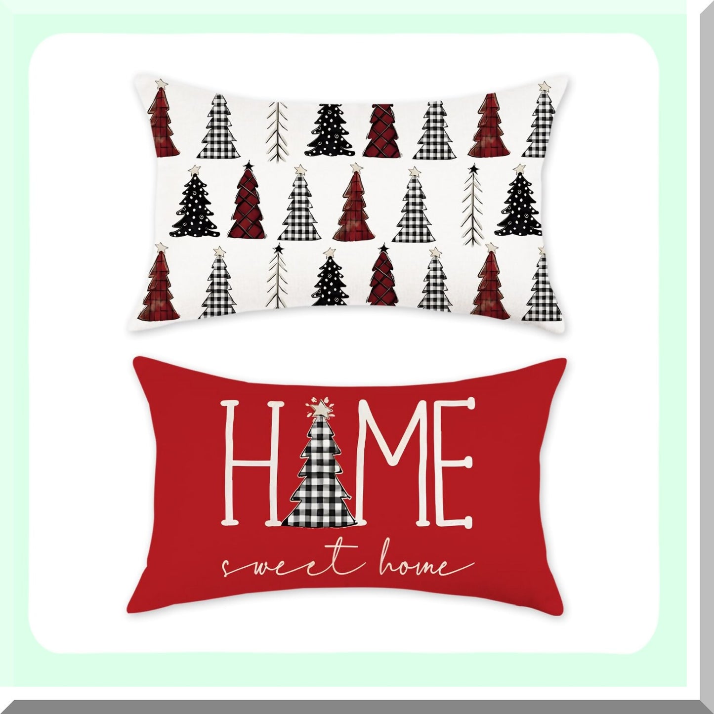 Winter Wonderland Plaid Lumbar Pillow Covers - Set of 2 12x20 Inch Home Decor Cases for Couch - Home Sweet Home Tree Theme