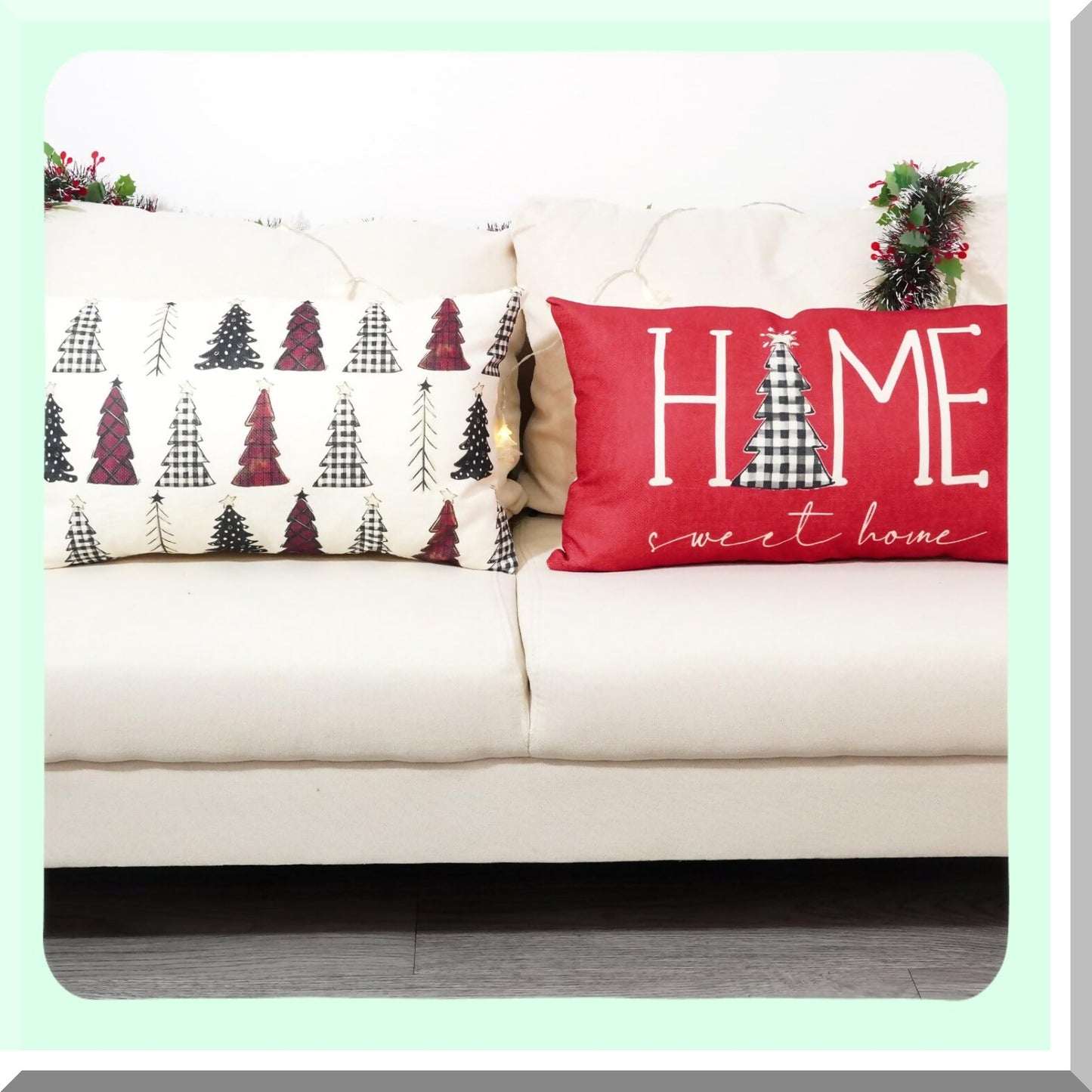 Winter Wonderland Plaid Lumbar Pillow Covers - Set of 2 12x20 Inch Home Decor Cases for Couch - Home Sweet Home Tree Theme