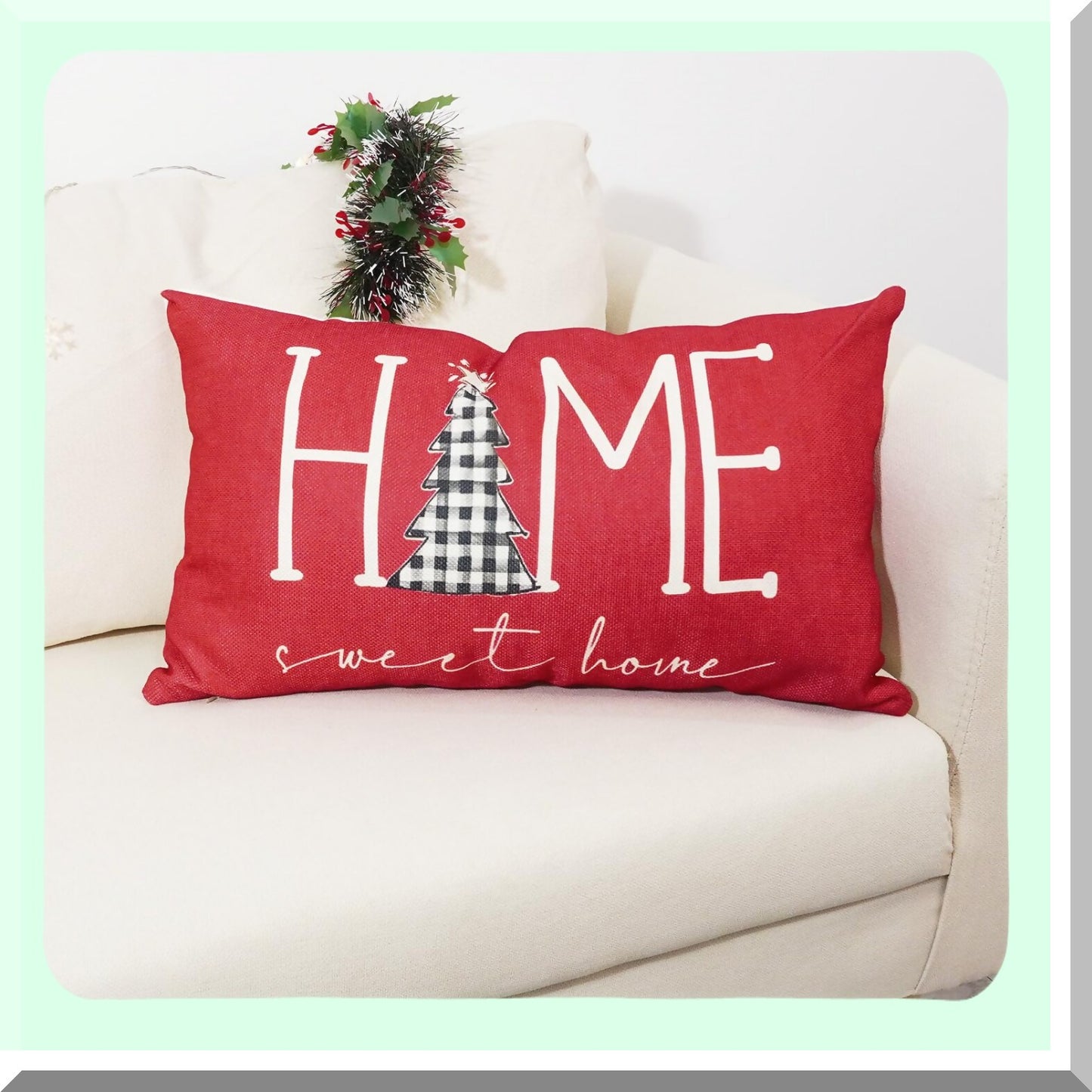 Winter Wonderland Plaid Lumbar Pillow Covers - Set of 2 12x20 Inch Home Decor Cases for Couch - Home Sweet Home Tree Theme