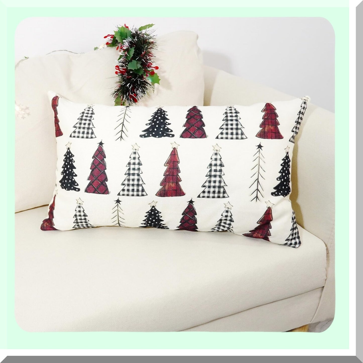 Winter Wonderland Plaid Lumbar Pillow Covers - Set of 2 12x20 Inch Home Decor Cases for Couch - Home Sweet Home Tree Theme