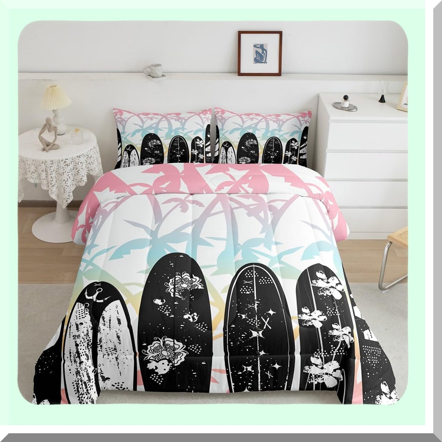Tropical Waves Queen Comforter Set - Abstract Surfboard Print Bedding with Flowers, Coconut Trees, Beach Luxury Duvet Insert & 2 Pillowcases for Women