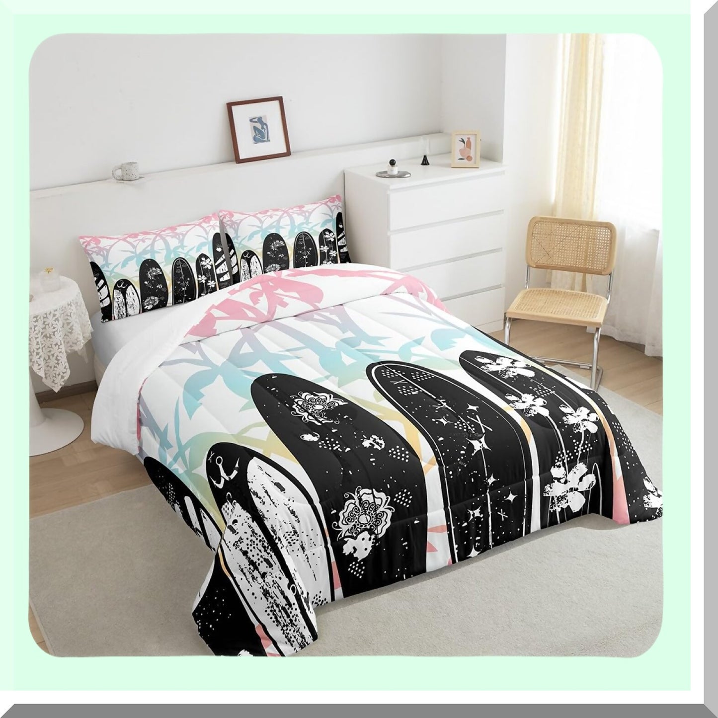 Tropical Waves Queen Comforter Set - Abstract Surfboard Print Bedding with Flowers, Coconut Trees, Beach Luxury Duvet Insert & 2 Pillowcases for Women
