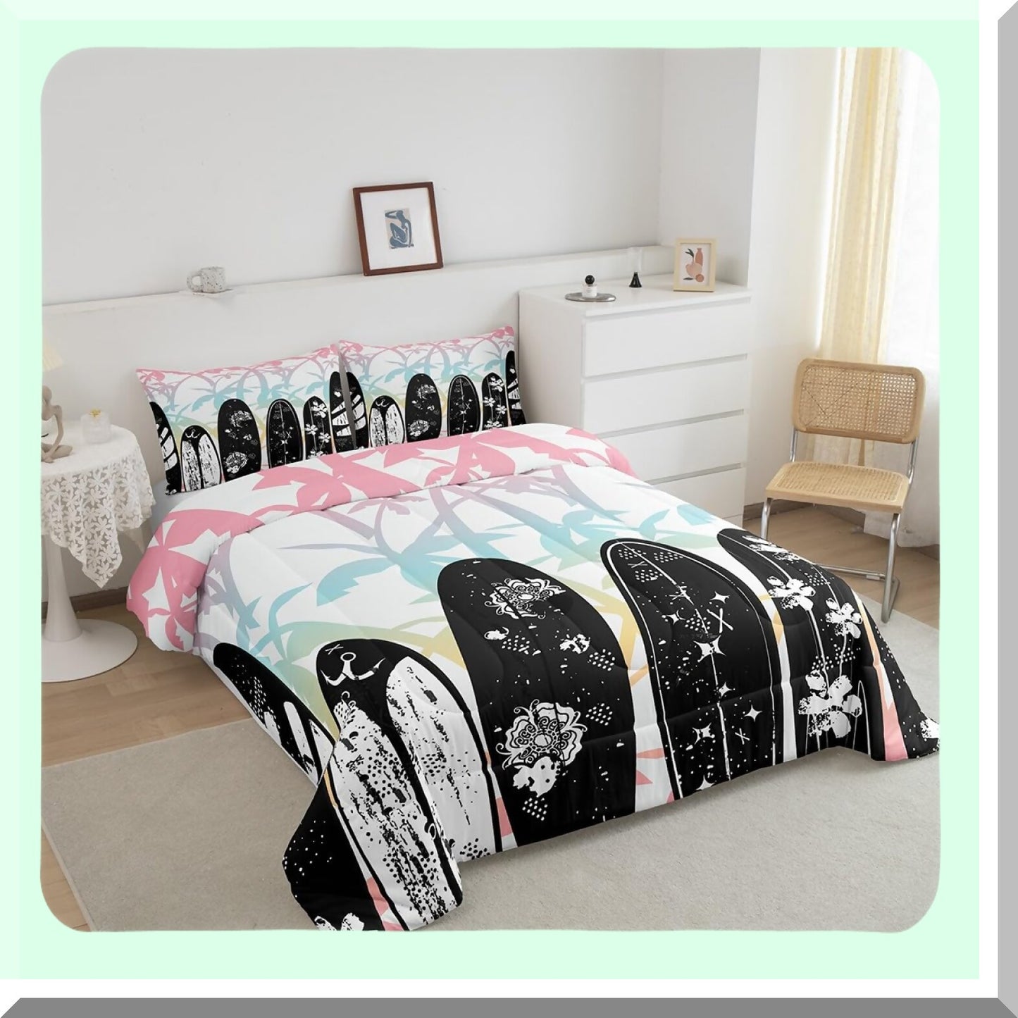 Tropical Waves Queen Comforter Set - Abstract Surfboard Print Bedding with Flowers, Coconut Trees, Beach Luxury Duvet Insert & 2 Pillowcases for Women