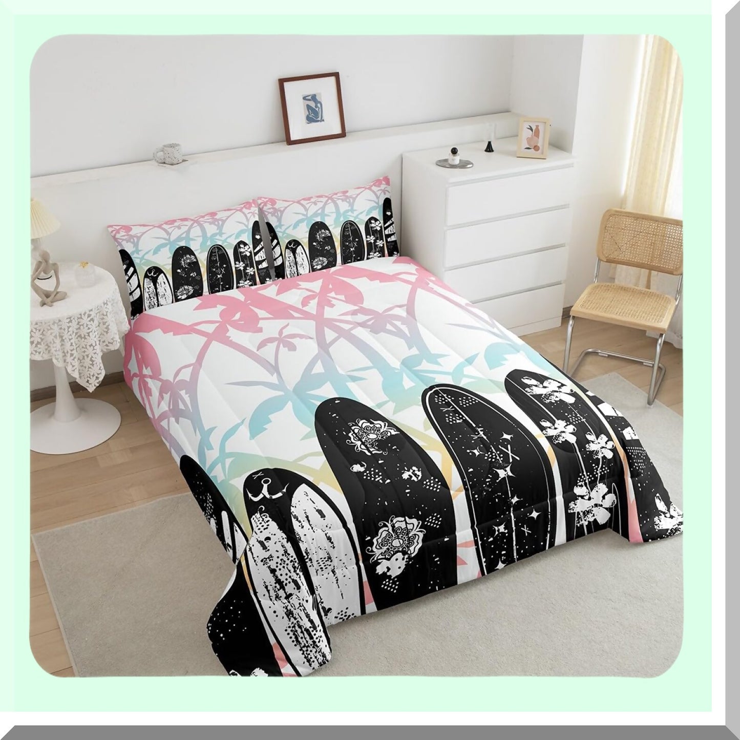 Tropical Waves Queen Comforter Set - Abstract Surfboard Print Bedding with Flowers, Coconut Trees, Beach Luxury Duvet Insert & 2 Pillowcases for Women