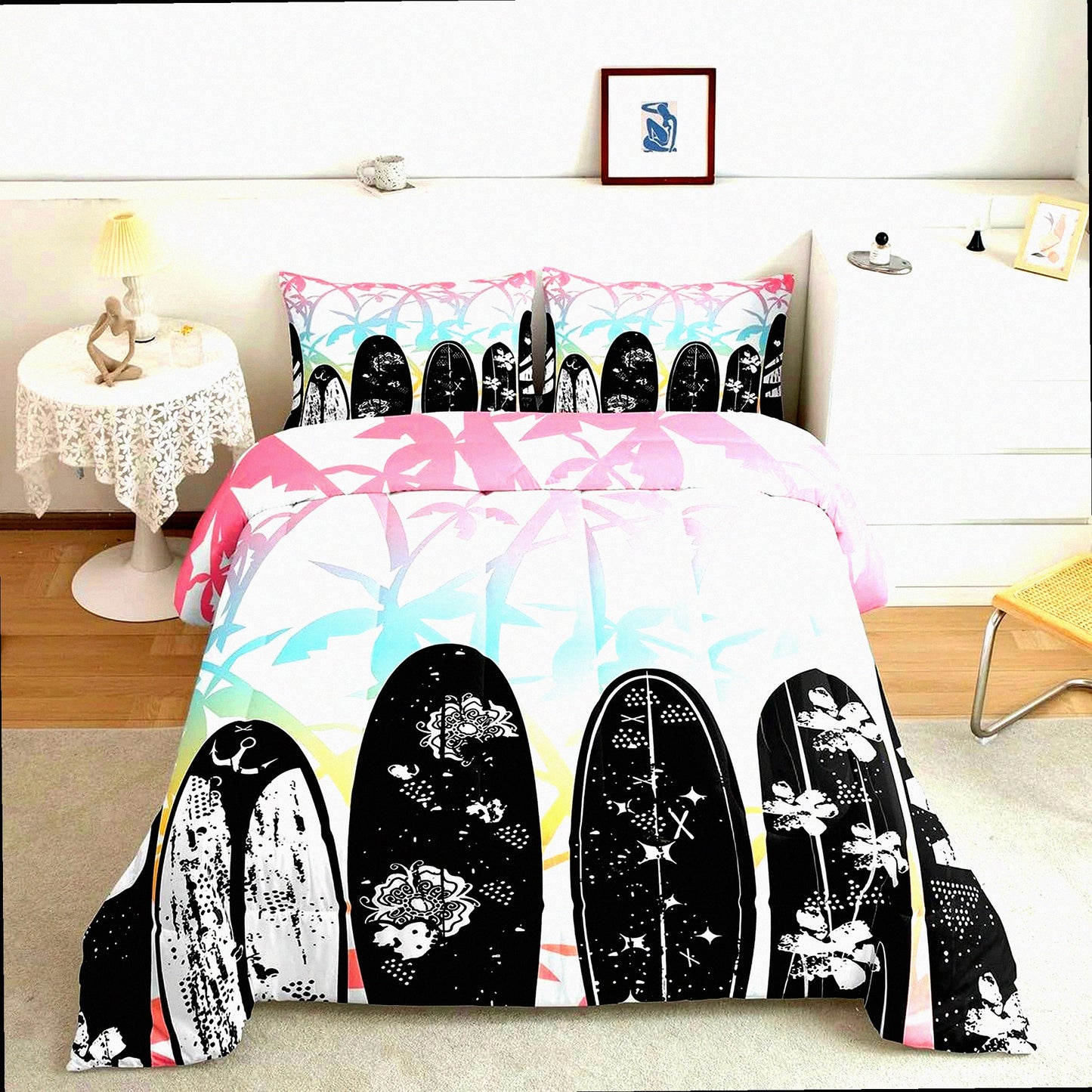 Tropical Waves Queen Comforter Set - Abstract Surfboard Print Bedding with Flowers, Coconut Trees, Beach Luxury Duvet Insert & 2 Pillowcases for Women