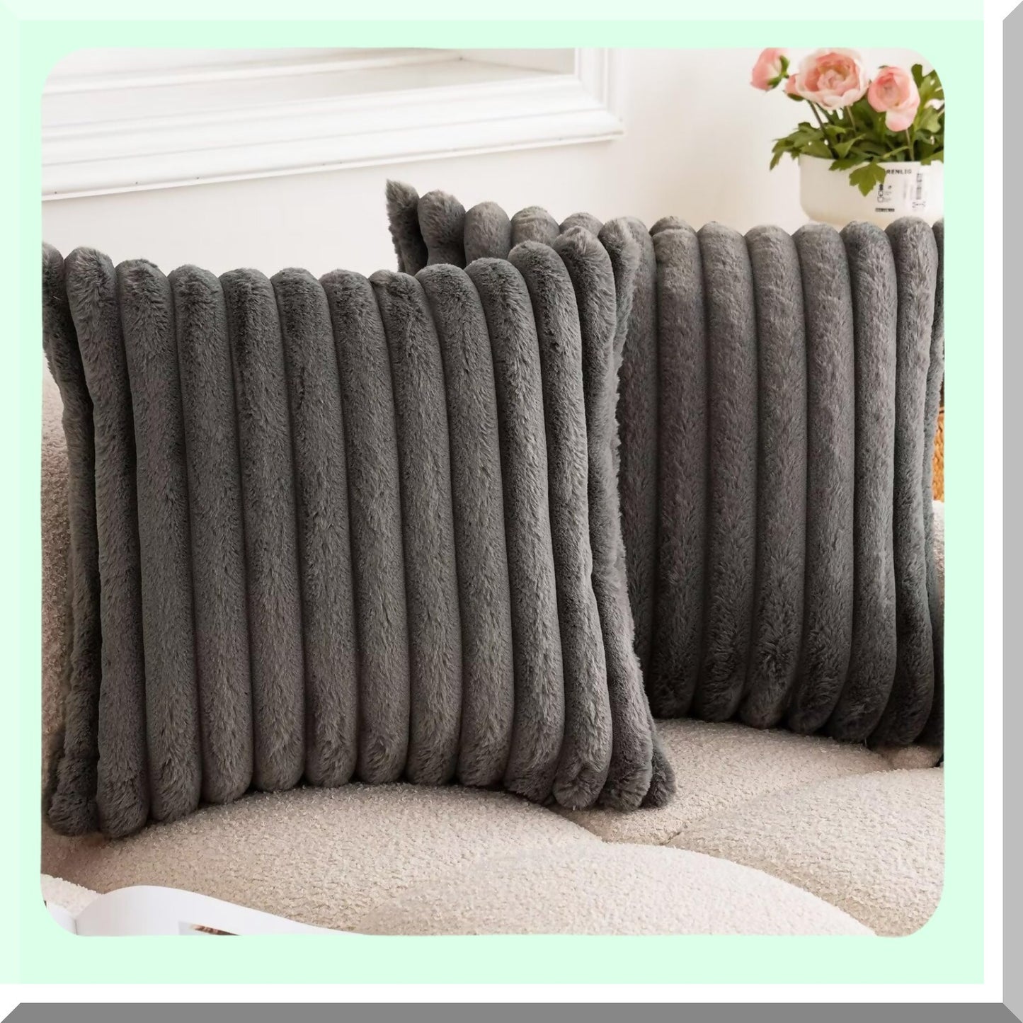Luxury Plush Stripe Pillowcase Set - Soft Cozy Double-Sided Cushion Covers for Couch Sofa Bed - Decorative Shaggy Throw Pillows - Dark Grey 20x20
