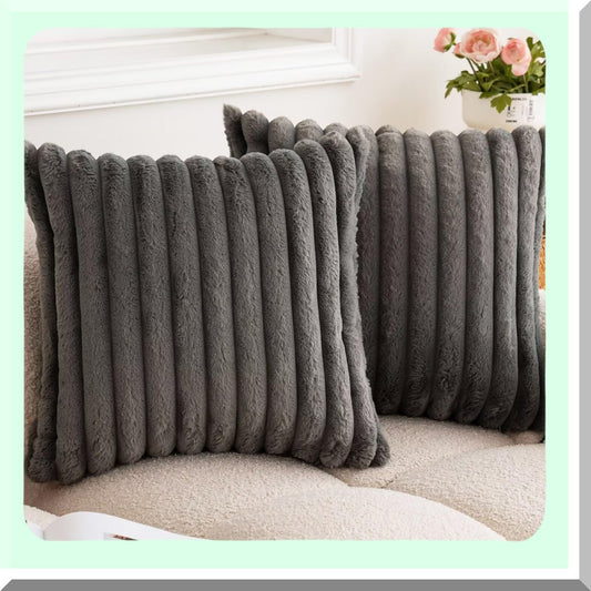 Luxury Plush Stripe Pillowcase Set - Soft Cozy Double-Sided Cushion Covers for Couch Sofa Bed - Decorative Shaggy Throw Pillows - Dark Grey 20x20