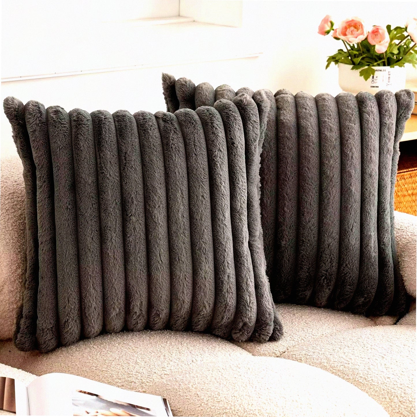 Luxury Plush Stripe Pillowcase Set - Soft Cozy Double-Sided Cushion Covers for Couch Sofa Bed - Decorative Shaggy Throw Pillows - Dark Grey 20x20
