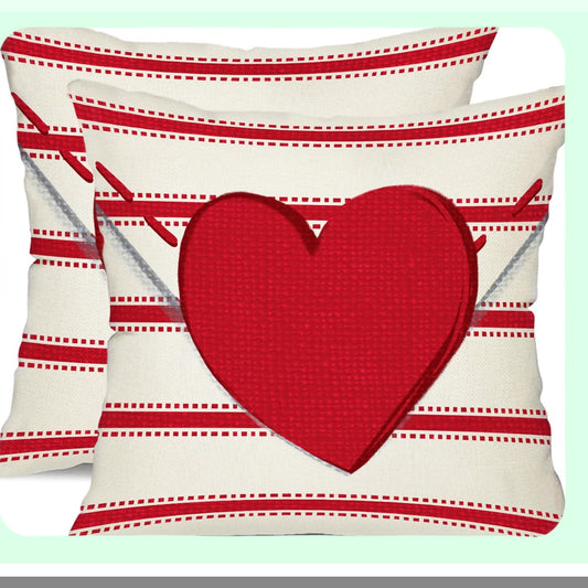 Heartfelt Love Pillow Covers - Valentine's Day Decor Set of 2 Red Hearts & Stripes Throw Pillow Cases 18x18 Inch - Sofa Couch Cushion Decoration