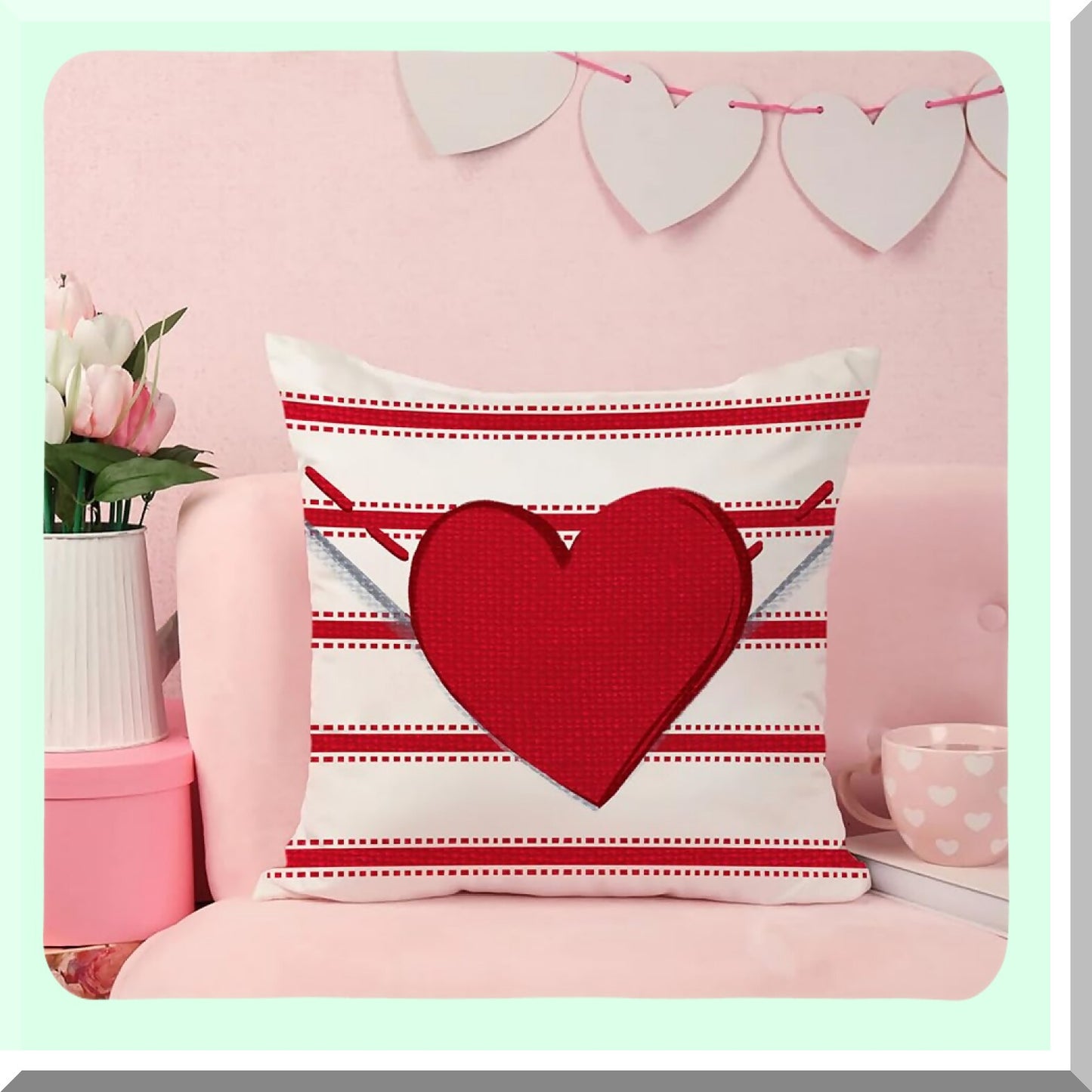 Heartfelt Love Pillow Covers - Valentine's Day Decor Set of 2 Red Hearts & Stripes Throw Pillow Cases 18x18 Inch - Sofa Couch Cushion Decoration