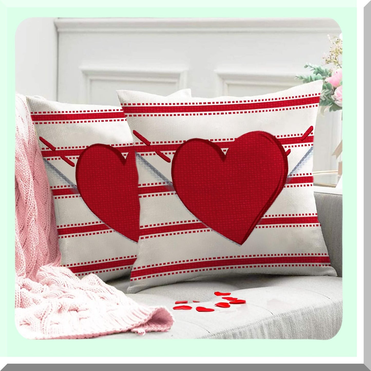 Heartfelt Love Pillow Covers - Valentine's Day Decor Set of 2 Red Hearts & Stripes Throw Pillow Cases 18x18 Inch - Sofa Couch Cushion Decoration
