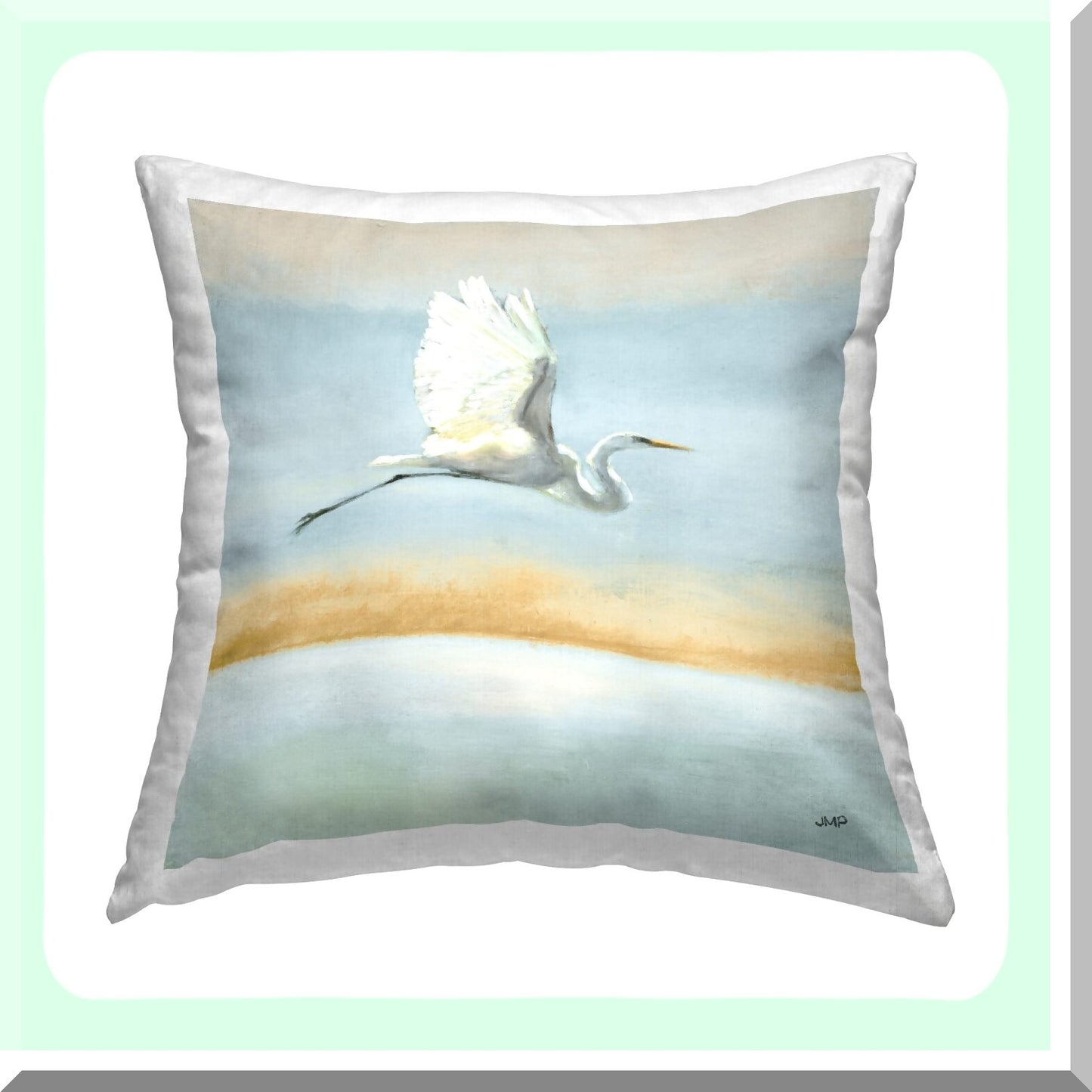 Ocean Breeze Egret Throw Pillow - Coastal Bird Design by Julia Purinton - 18x18 Blue Cushion Cover - Beach Decor Accent for Living Room or Bedroom