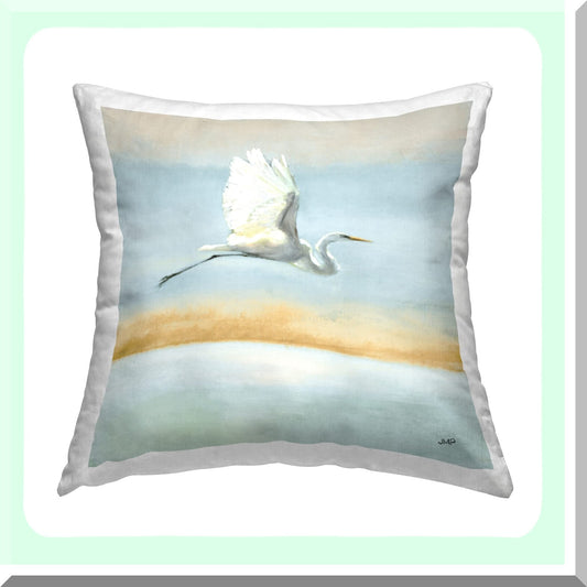 Ocean Breeze Egret Throw Pillow - Coastal Bird Design by Julia Purinton - 18x18 Blue Cushion Cover - Beach Decor Accent for Living Room or Bedroom