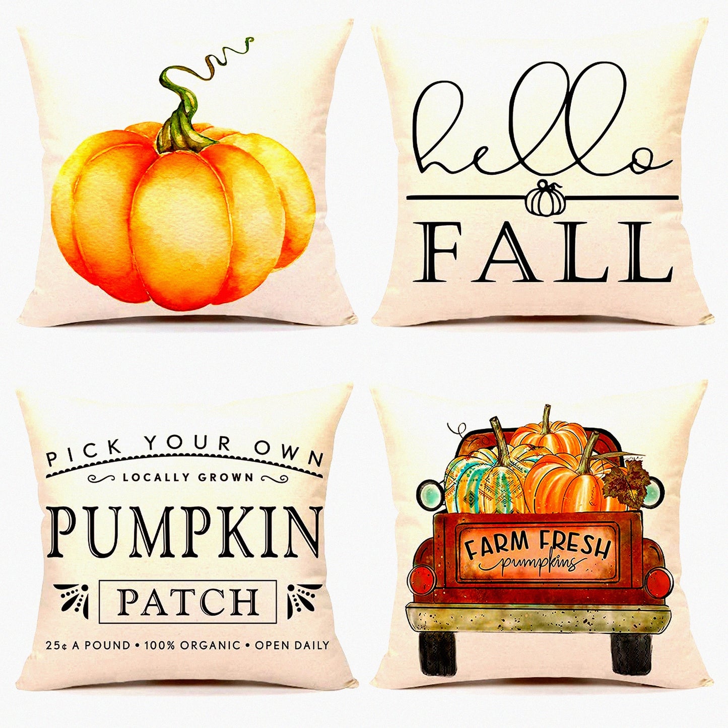 Autumn Harvest Pillow Covers Set of 4 - Pumpkin Farmhouse Decor Throw Cushion Cases for Fall Thanksgiving Home Decor - 18x18 Decorative Pillows