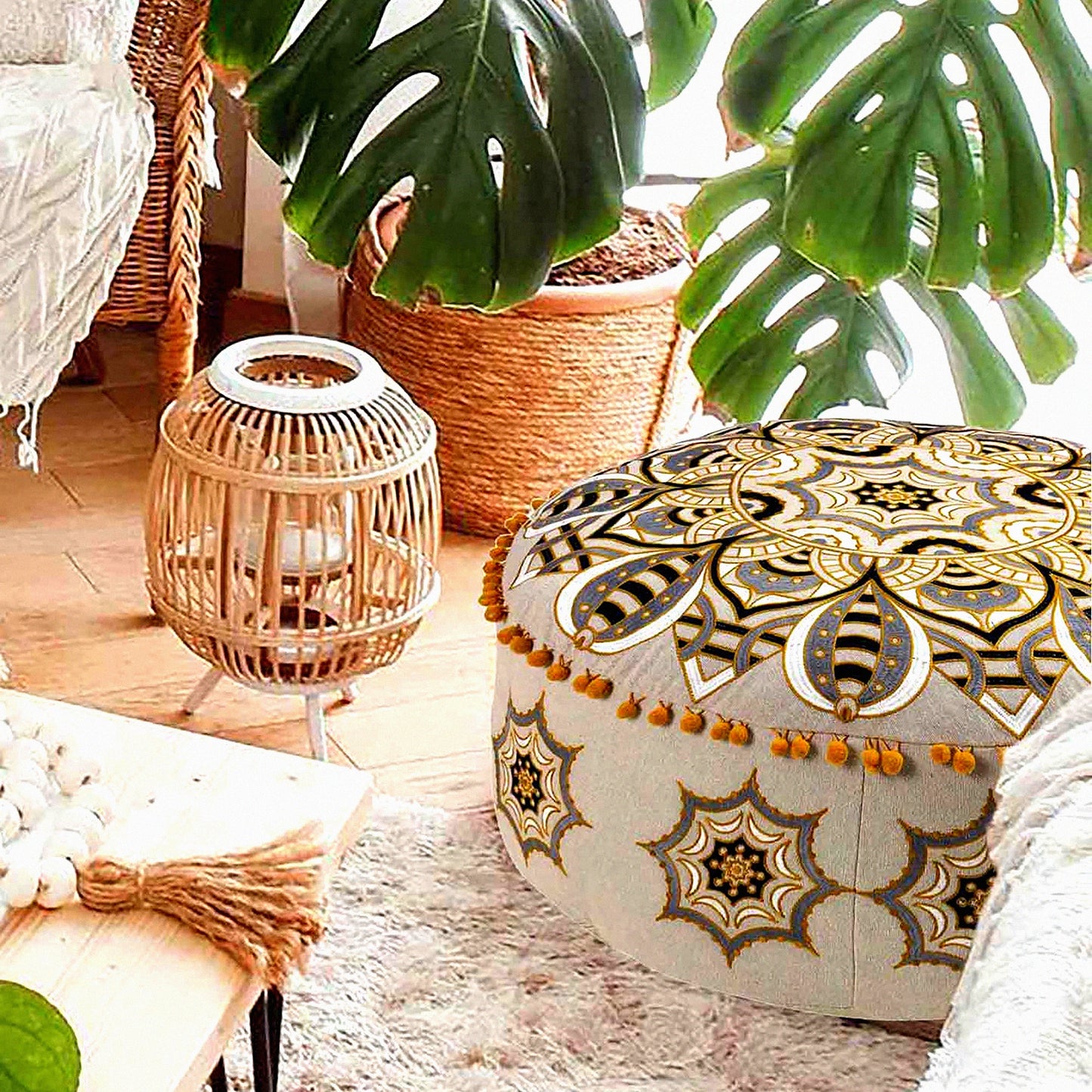Bohemian Bliss Floor Pouf Cover - 24x8 inches - Moroccan Style Ottoman Slipcover - Yoga Meditation Pillow - Footstool Boho Room Decor - Unique Furniture Accent
