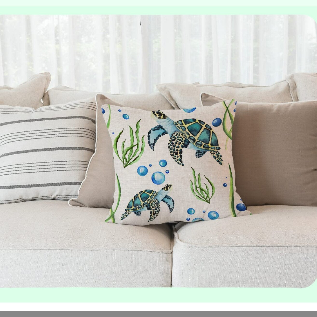 Sea Turtle Paradise Pillow Cover - Coastal Decorative Cushion Case for Couch, Sofa, Bedroom - Burlap Throw Pillow for Men, Women, Girls, Boys, Children - 18x18 Inch Square