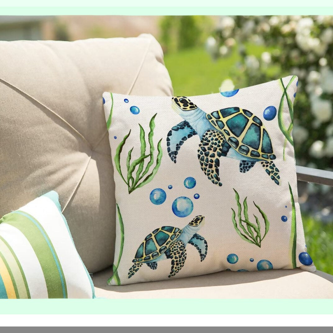 Sea Turtle Paradise Pillow Cover - Coastal Decorative Cushion Case for Couch, Sofa, Bedroom - Burlap Throw Pillow for Men, Women, Girls, Boys, Children - 18x18 Inch Square