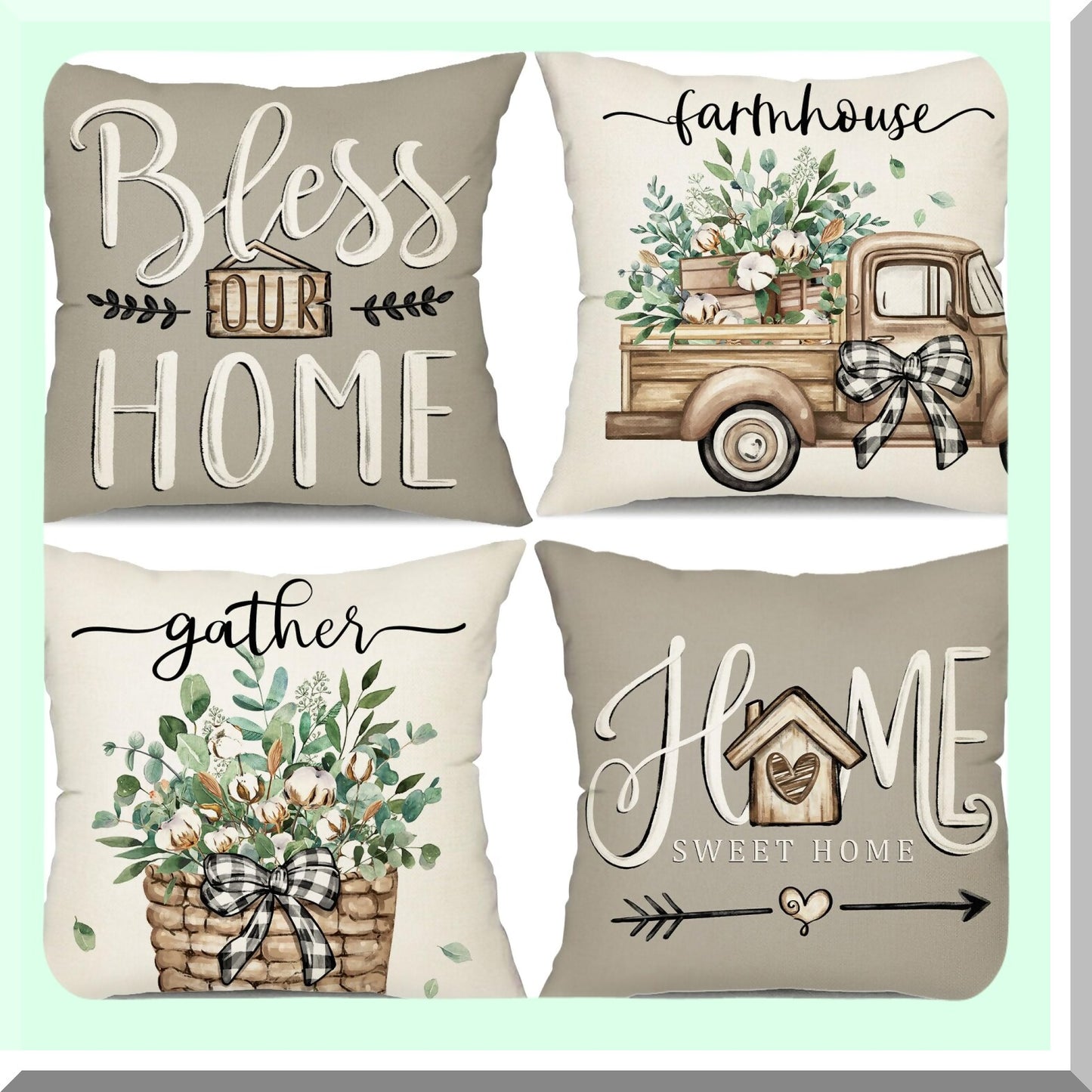 Eucalyptus Farmhouse Spring Pillow Covers Set - 20x20 Linen Cushion Case Decorations for Sweet Home - Truck Leaves Gifts - Home Decor 175