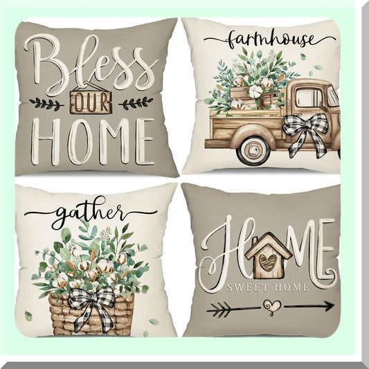 Eucalyptus Farmhouse Spring Pillow Covers Set - 20x20 Linen Cushion Case Decorations for Sweet Home - Truck Leaves Gifts - Home Decor 175