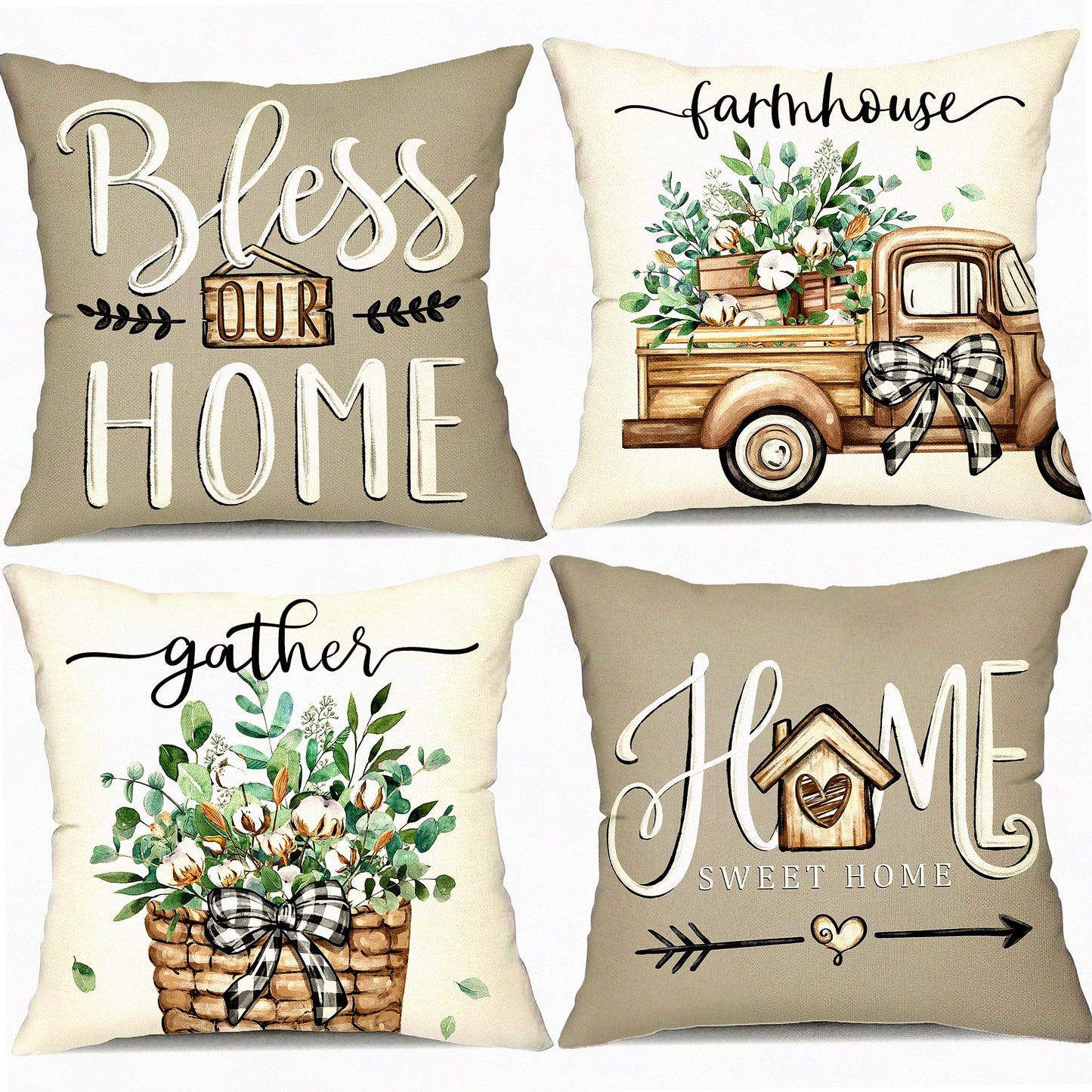 Eucalyptus Farmhouse Spring Pillow Covers Set - 20x20 Linen Cushion Case Decorations for Sweet Home - Truck Leaves Gifts - Home Decor 175