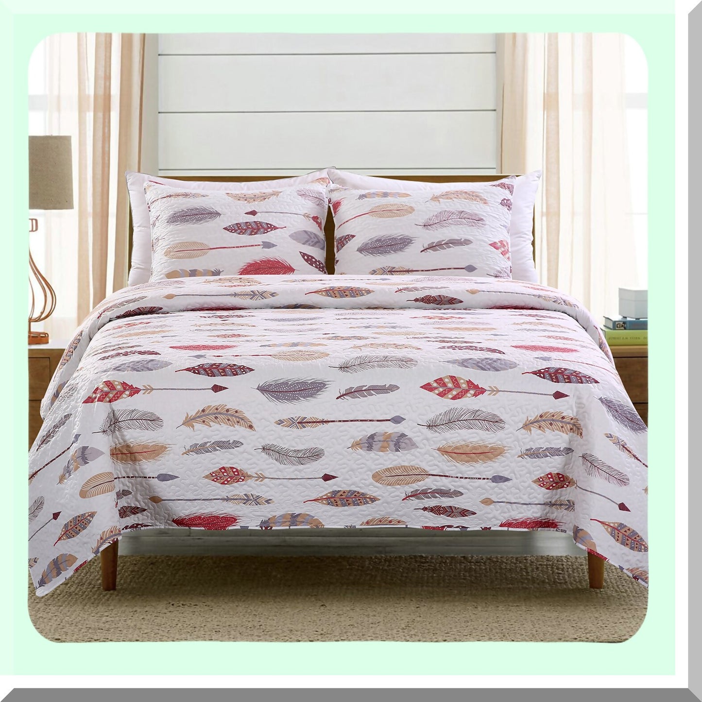 Boho Feather Dream 3-Piece Bedding Set: Queen Size Comforter with 2 Pillow Shams - Lightweight Rustic Summer Coverlet for Country Chic Bedrooms