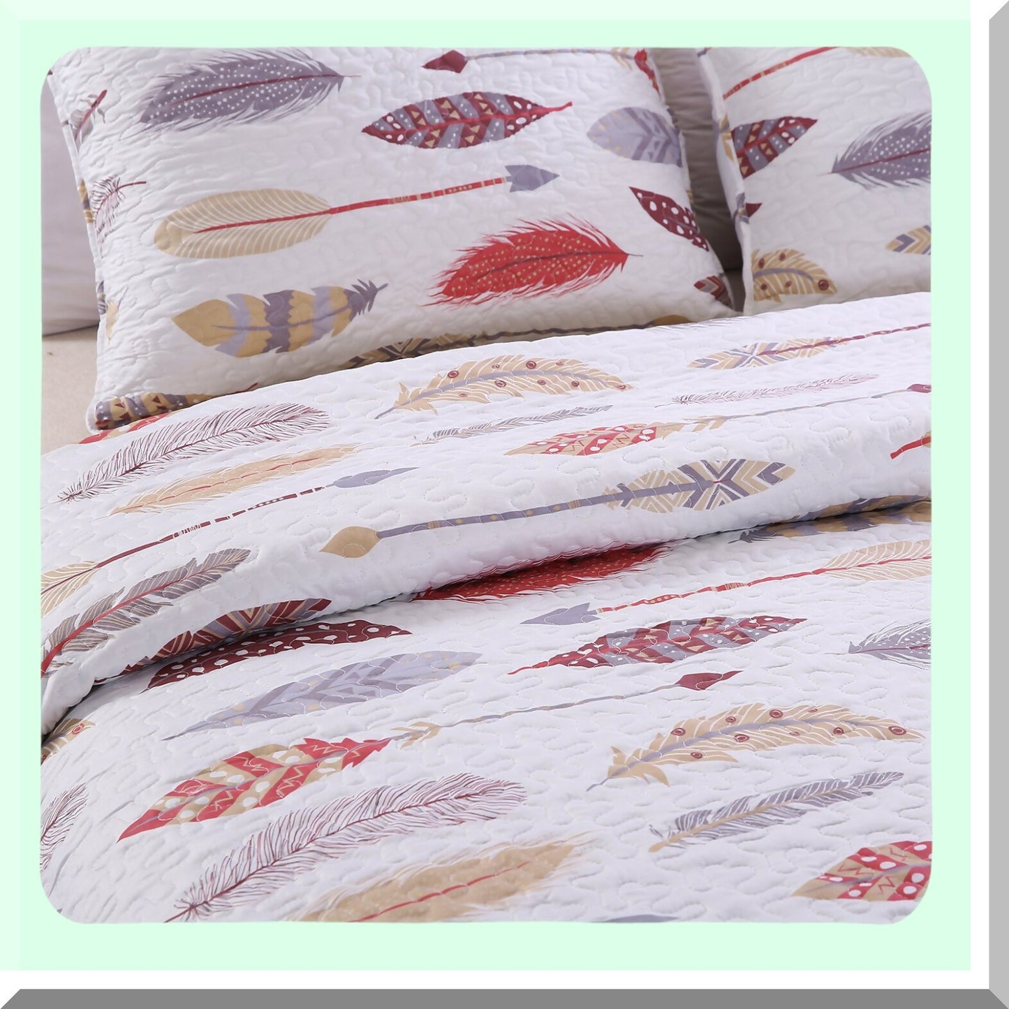 Boho Feather Dream 3-Piece Bedding Set: Queen Size Comforter with 2 Pillow Shams - Lightweight Rustic Summer Coverlet for Country Chic Bedrooms