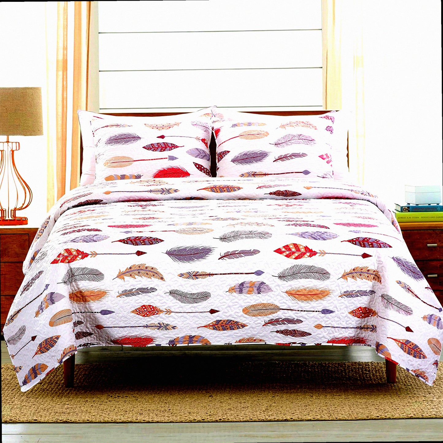 Boho Feather Dream 3-Piece Bedding Set: Queen Size Comforter with 2 Pillow Shams - Lightweight Rustic Summer Coverlet for Country Chic Bedrooms