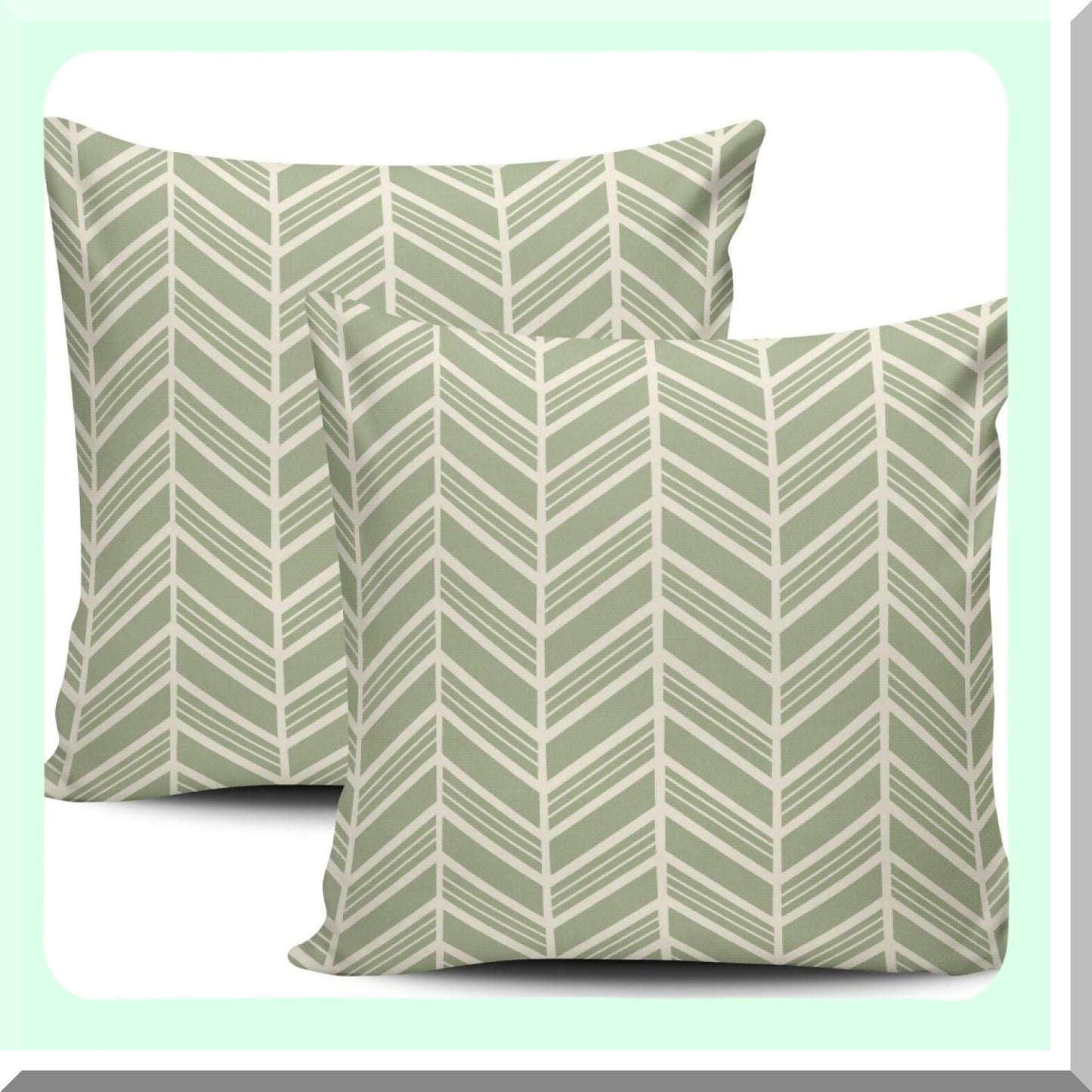 Herringbone Sage Green Square Pillowcase Set - 2 Pack 18x18 Inch Double Sided Print Cushion Covers for Sofa Decoration - White Throw Pillow Covers