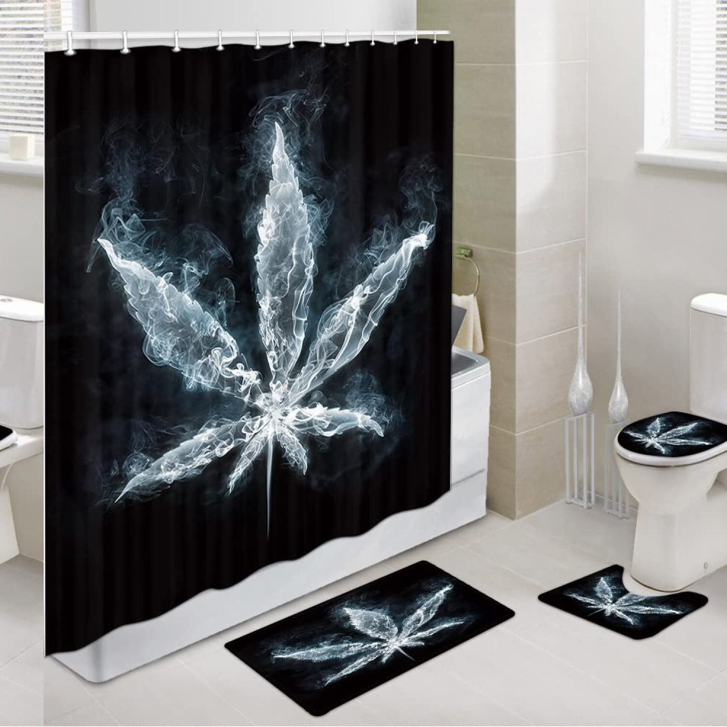 Shower Curtain Set with Hooks and Rugs