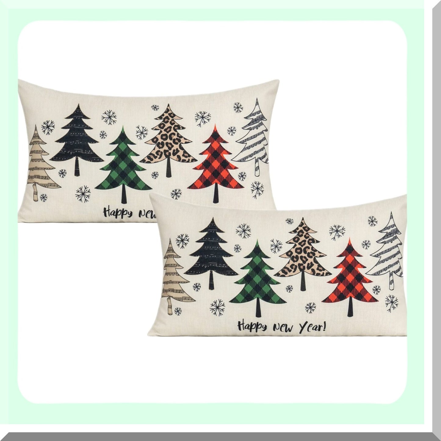 Winter Wonderland Snowflake Lumbar Pillow Covers - Set of 2 | Christmas Tree Holiday Decorative Cushion Cases for Couch, Porch, Farmhouse - Red & Green