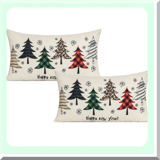 Winter Wonderland Snowflake Lumbar Pillow Covers - Set of 2 | Christmas Tree Holiday Decorative Cushion Cases for Couch, Porch, Farmhouse - Red & Green
