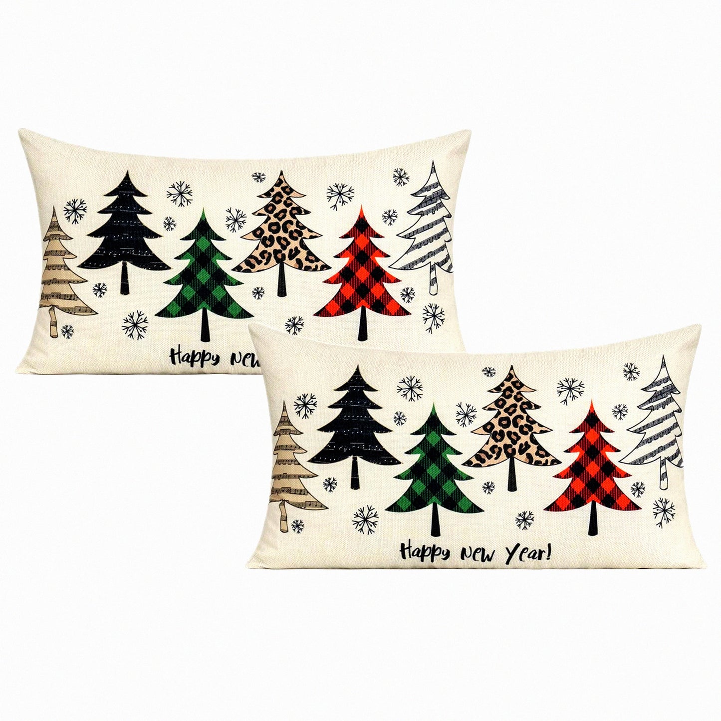 Winter Wonderland Snowflake Lumbar Pillow Covers - Set of 2 | Christmas Tree Holiday Decorative Cushion Cases for Couch, Porch, Farmhouse - Red & Green