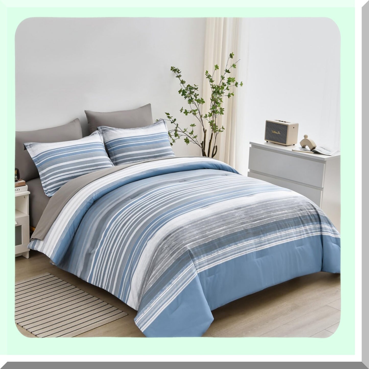 Stripe Comforter Set - 7 Piece Bed in a Bag - White Grey Blue Patchwork - All Season Soft Microfiber Bedding Set - Light Blue - Complete Sheet Set