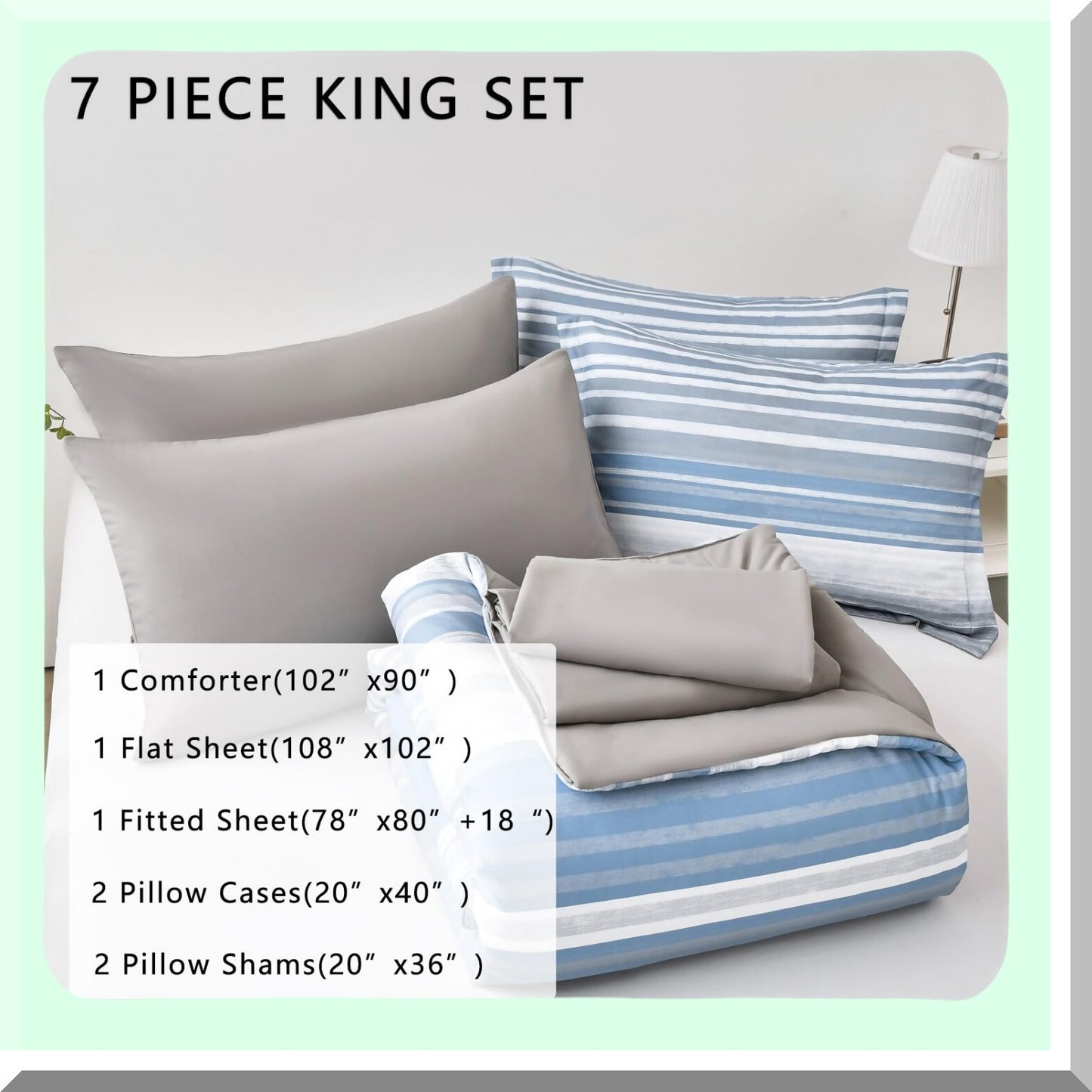 Stripe Comforter Set - 7 Piece Bed in a Bag - White Grey Blue Patchwork - All Season Soft Microfiber Bedding Set - Light Blue - Complete Sheet Set