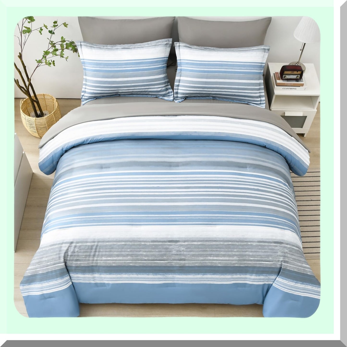 Stripe Comforter Set - 7 Piece Bed in a Bag - White Grey Blue Patchwork - All Season Soft Microfiber Bedding Set - Light Blue - Complete Sheet Set