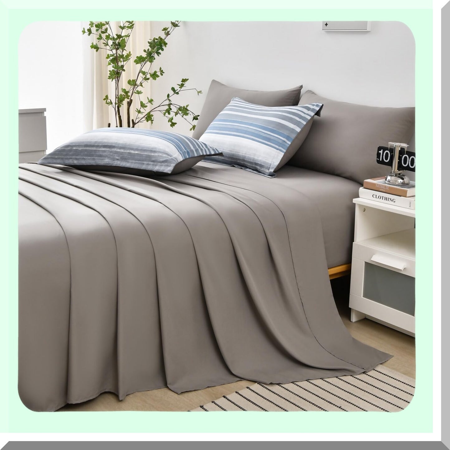 Stripe Comforter Set - 7 Piece Bed in a Bag - White Grey Blue Patchwork - All Season Soft Microfiber Bedding Set - Light Blue - Complete Sheet Set