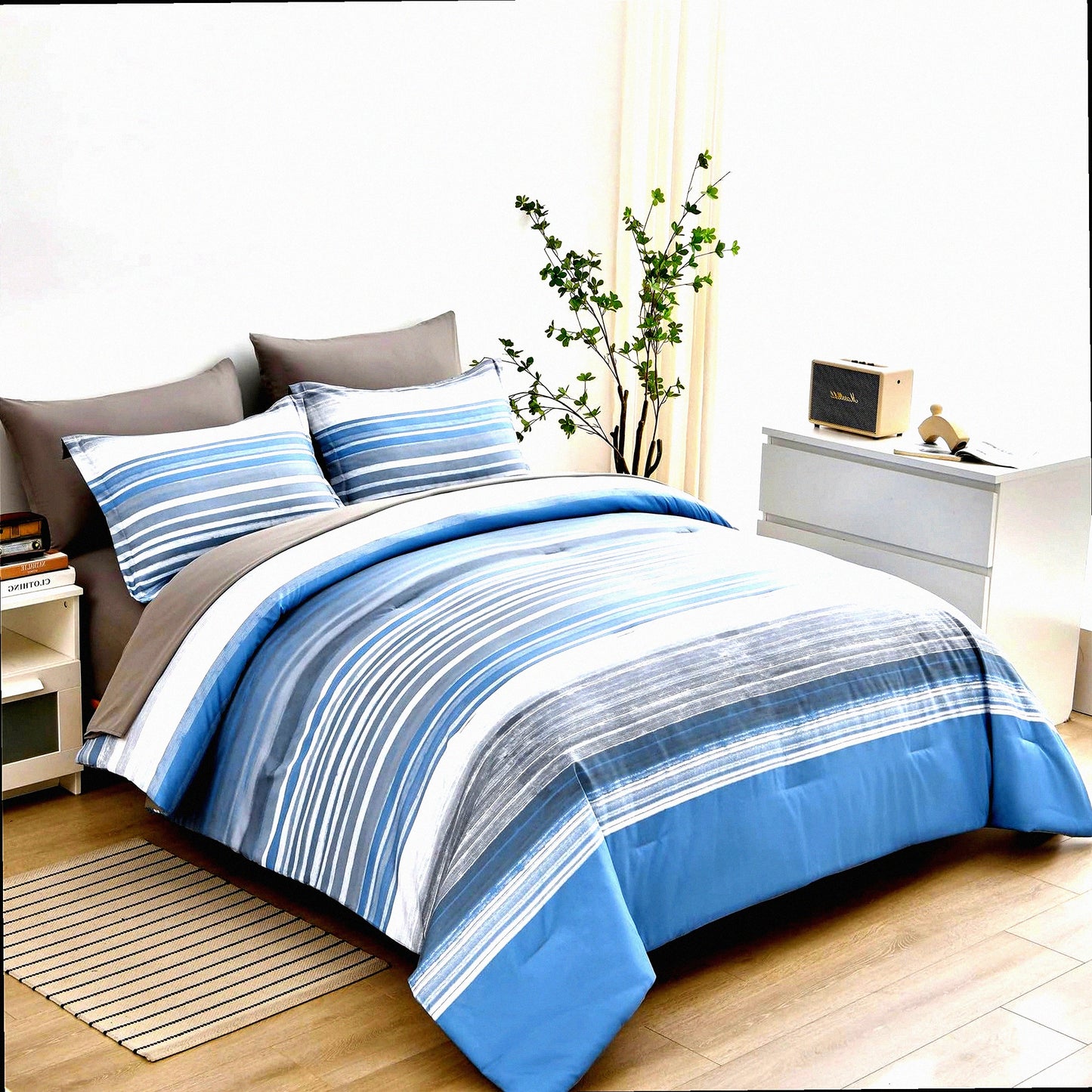 Stripe Comforter Set - 7 Piece Bed in a Bag - White Grey Blue Patchwork - All Season Soft Microfiber Bedding Set - Light Blue - Complete Sheet Set