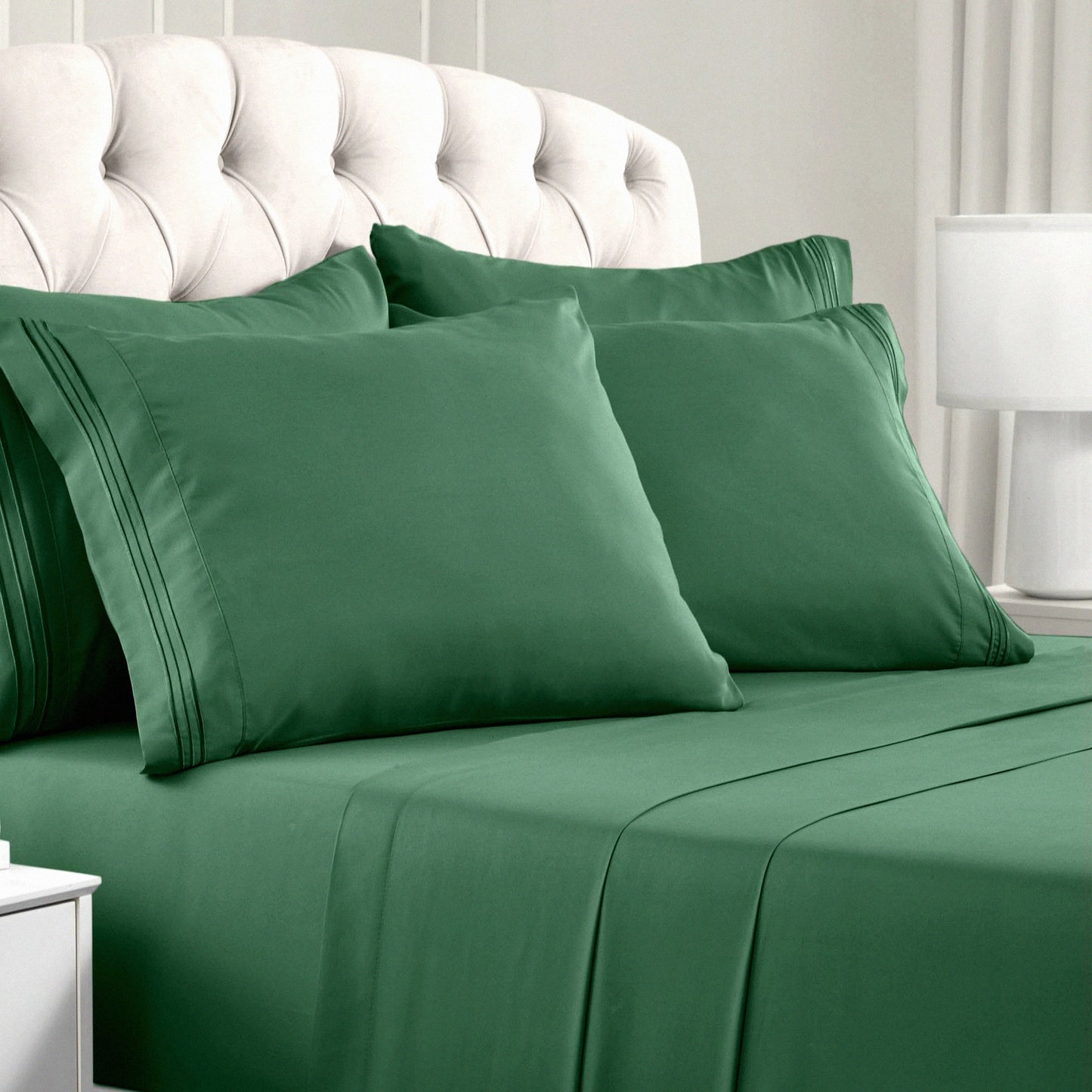 Luxury Emerald Green Cooling Queen Bedding Set - Ultra Soft 6 PC Iconic Collection Sheets & Pillowcases, Deep Pocket up to 16" - Hotel Quality