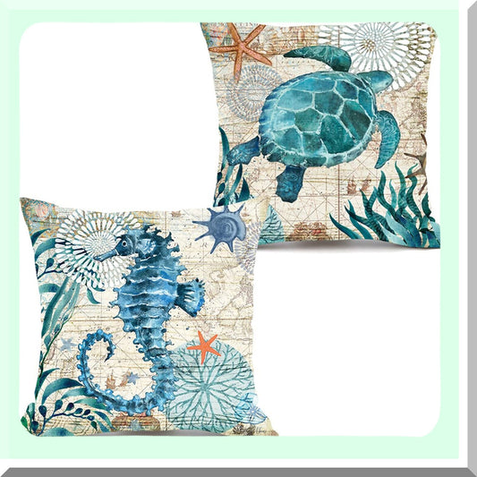 Coastal Ocean Life Pillow Covers - Set of 2 18x18 Decorative Throw Pillows with Turtle and Seahorse Design, Linen Cushion Cases for Patio, Couch, Sofa, Bed - Mediterranean Beach Theme Decor