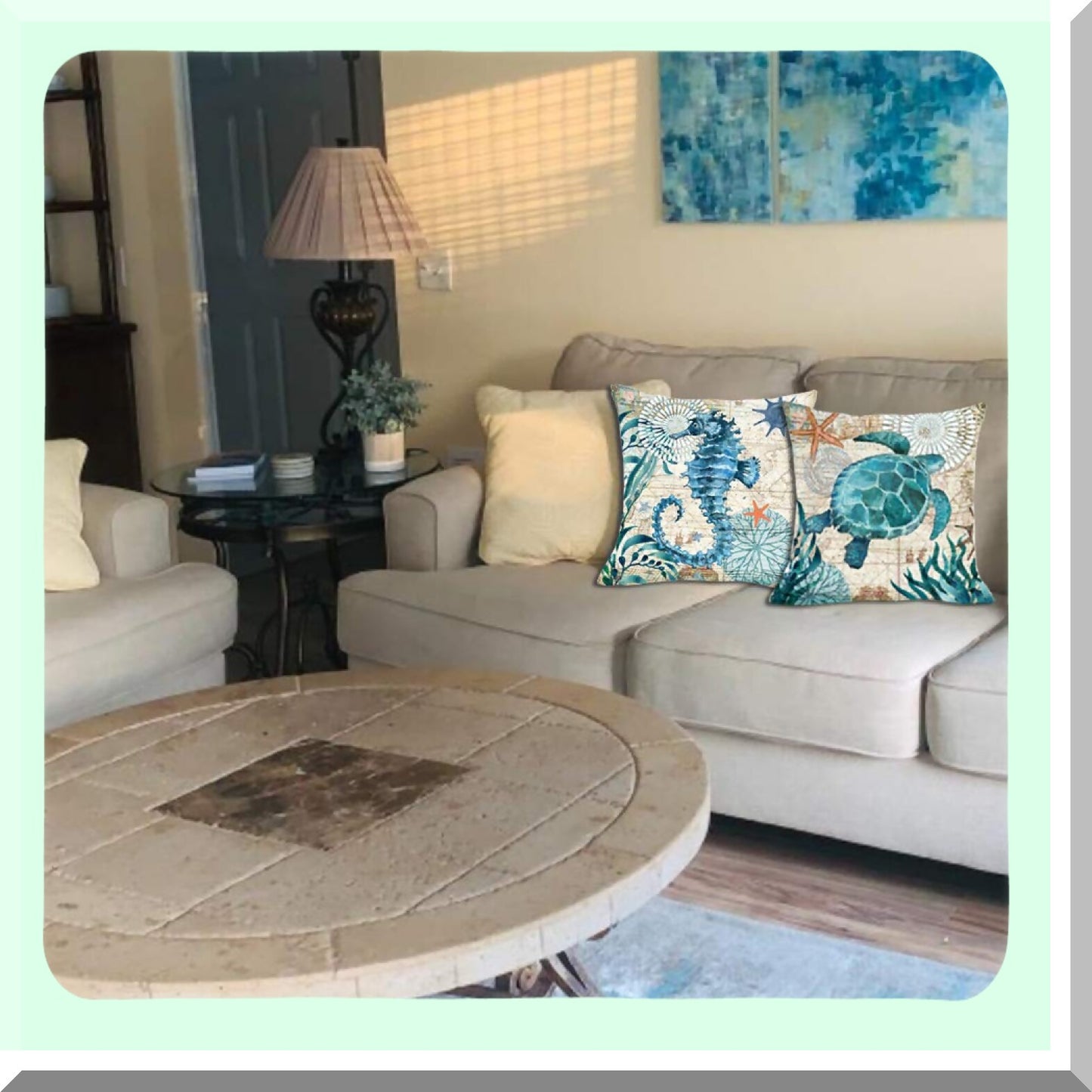 Coastal Ocean Life Pillow Covers - Set of 2 18x18 Decorative Throw Pillows with Turtle and Seahorse Design, Linen Cushion Cases for Patio, Couch, Sofa, Bed - Mediterranean Beach Theme Decor