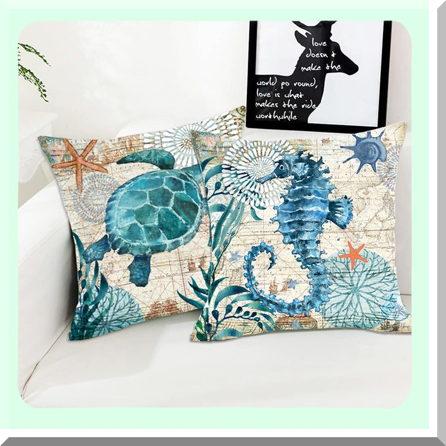 Coastal Ocean Life Pillow Covers - Set of 2 18x18 Decorative Throw Pillows with Turtle and Seahorse Design, Linen Cushion Cases for Patio, Couch, Sofa, Bed - Mediterranean Beach Theme Decor