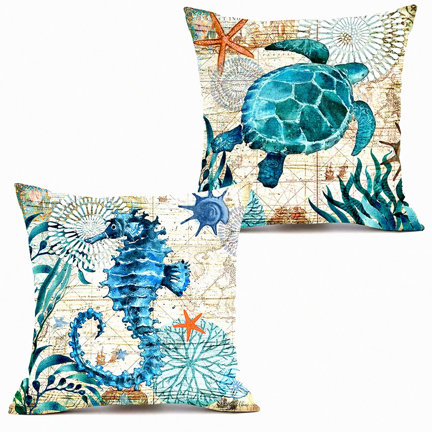 Coastal Ocean Life Pillow Covers - Set of 2 18x18 Decorative Throw Pillows with Turtle and Seahorse Design, Linen Cushion Cases for Patio, Couch, Sofa, Bed - Mediterranean Beach Theme Decor