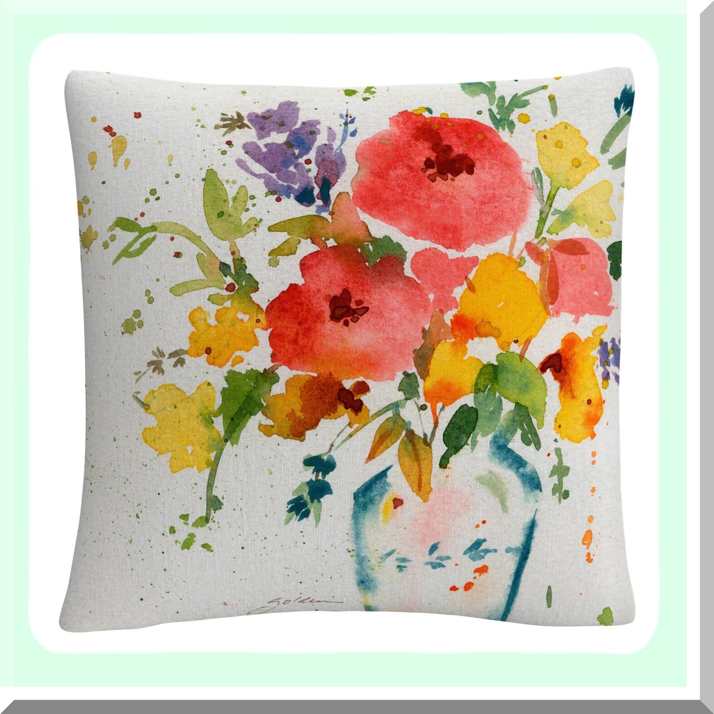 Bright Blooms Decorative Pillow - White Vase Floral Cushion 16x16 - Multicolor Flower Throw Pillow - Sheila Golden Inspired Home Accent