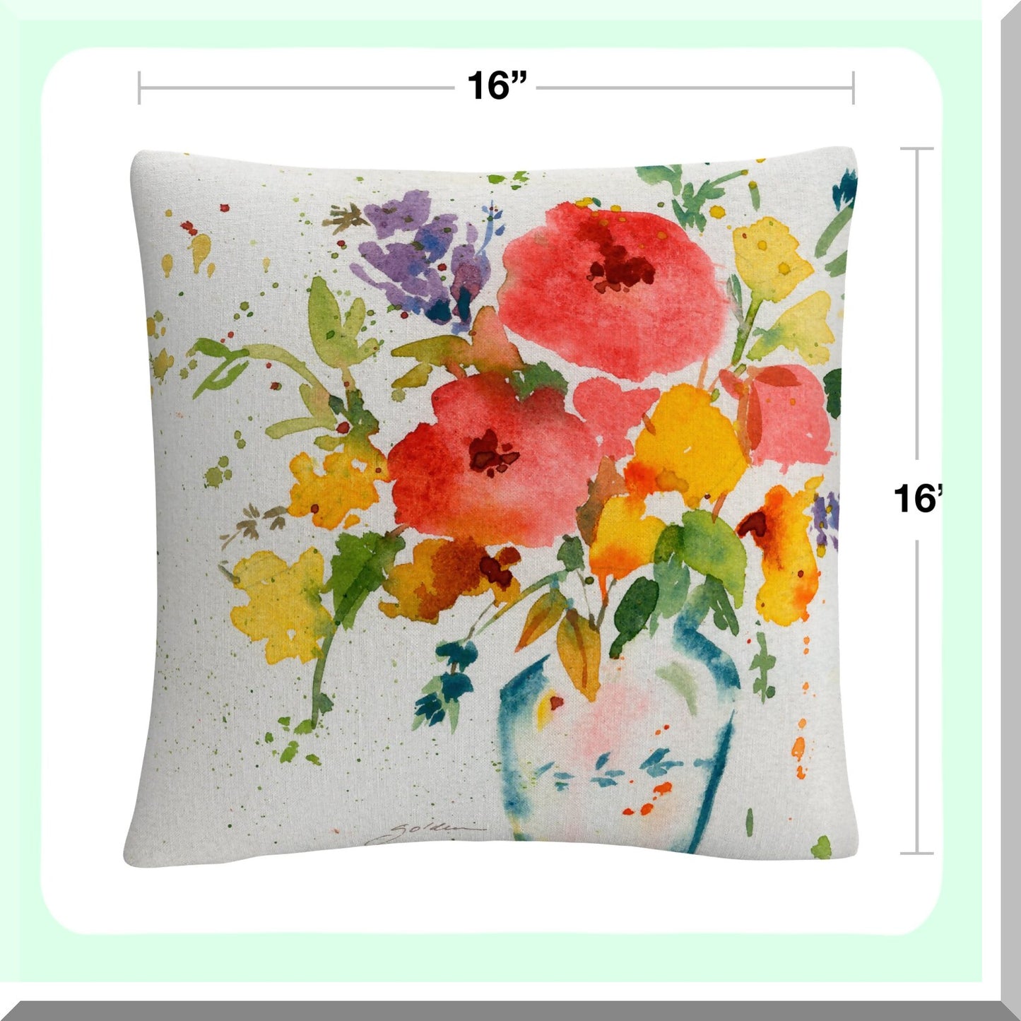 Bright Blooms Decorative Pillow - White Vase Floral Cushion 16x16 - Multicolor Flower Throw Pillow - Sheila Golden Inspired Home Accent