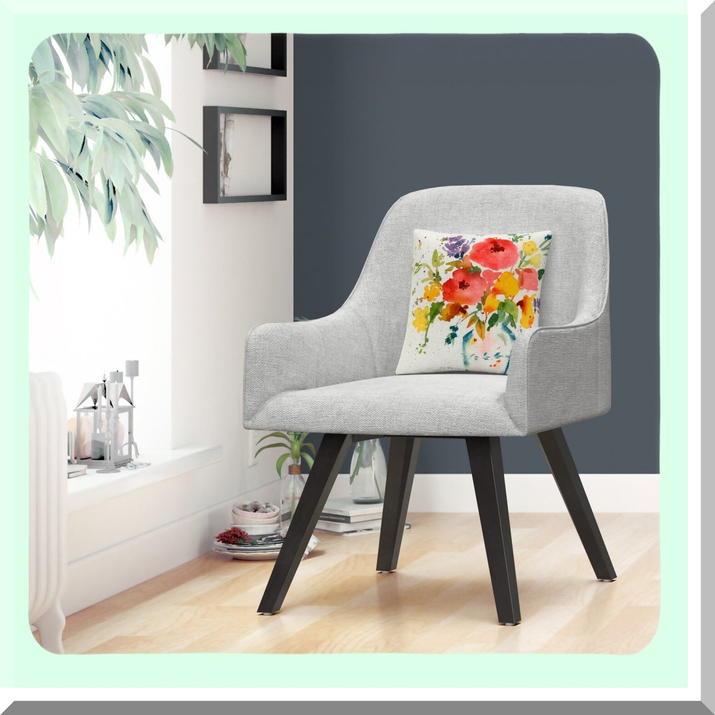 Bright Blooms Decorative Pillow - White Vase Floral Cushion 16x16 - Multicolor Flower Throw Pillow - Sheila Golden Inspired Home Accent