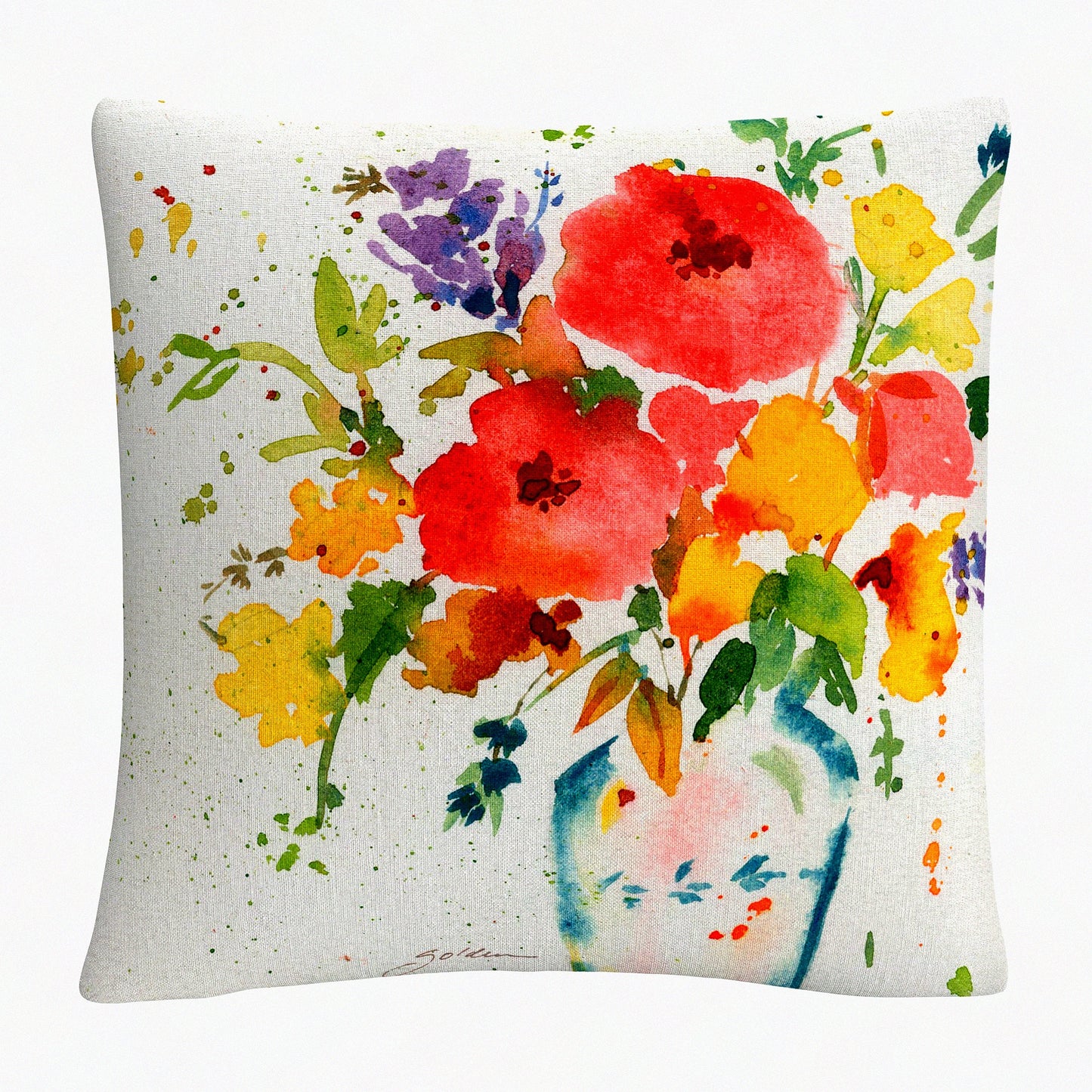Bright Blooms Decorative Pillow - White Vase Floral Cushion 16x16 - Multicolor Flower Throw Pillow - Sheila Golden Inspired Home Accent