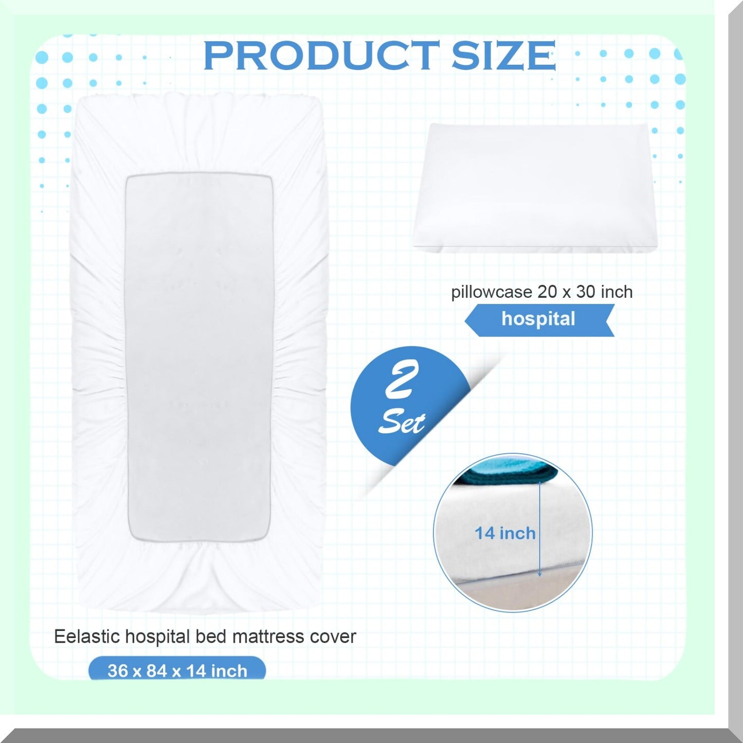 Hospital Bed Sheet Set - 2 Pack Fitted Sheets 36 x 84 x 14 Inch - Elastic All Around - White - for Home, Hotel, Hospital, Massage Table - Pillow Cases Included